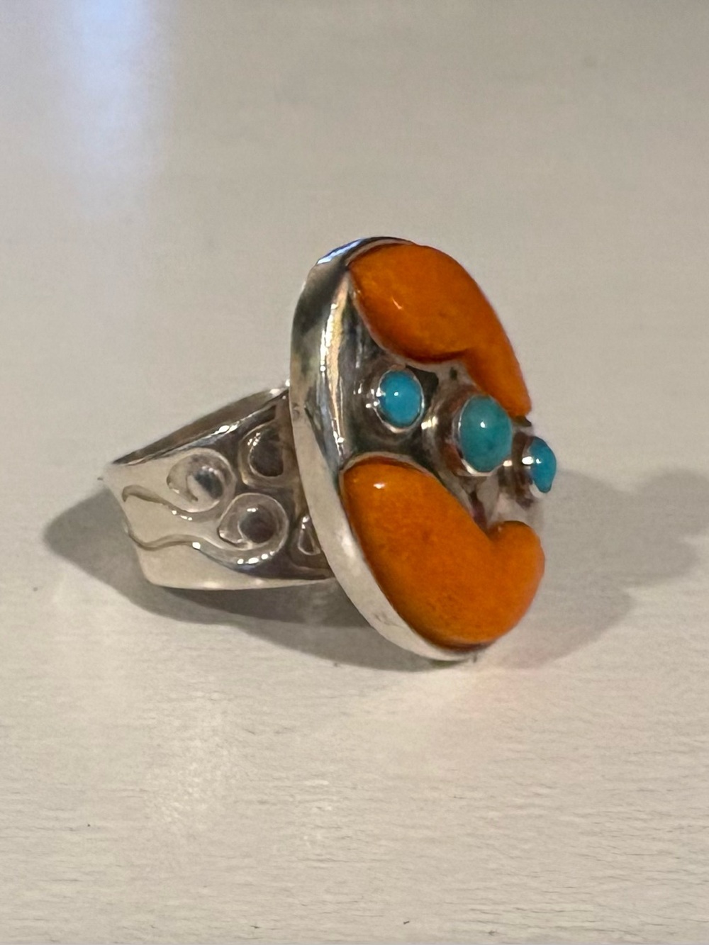 Jay King Sterling Silver & Orange Coral and Turquoise Oval Ring. Size 7 - Picture 4 of 15